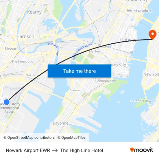 Newark Airport EWR to The High Line Hotel map