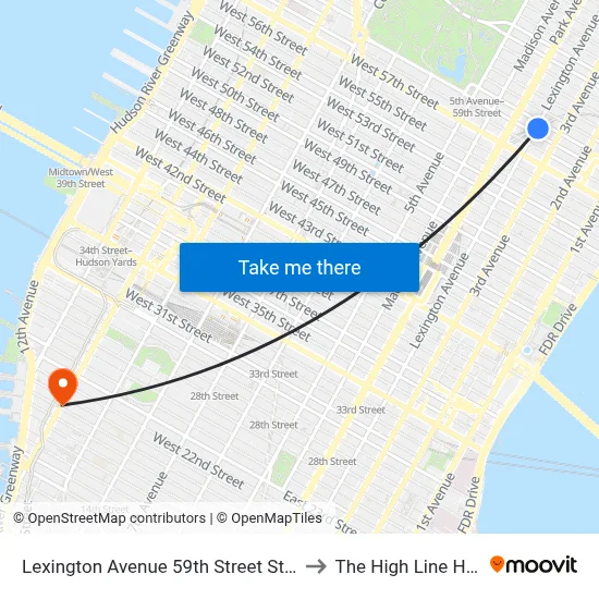 Lexington Avenue 59th Street Station to The High Line Hotel map