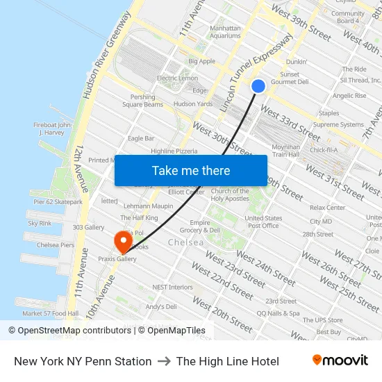 New York NY Penn Station to The High Line Hotel map