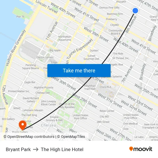 Bryant Park to The High Line Hotel map