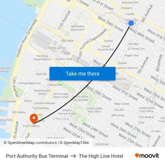 Port Authority Bus Terminal to The High Line Hotel map