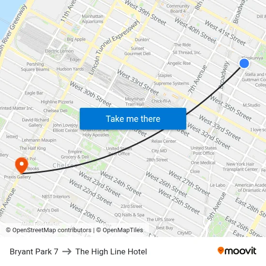 Bryant Park 7 to The High Line Hotel map