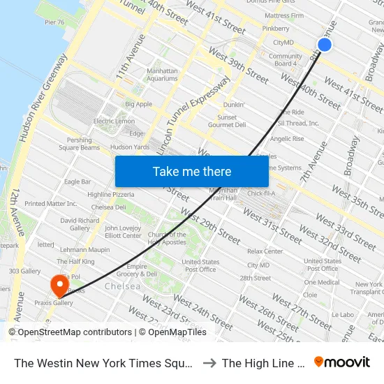 The Westin New York Times Square Hotel to The High Line Hotel map
