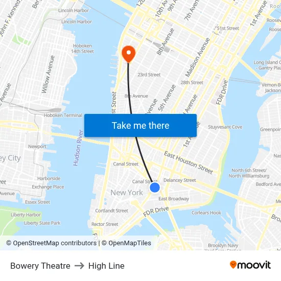 Bowery Theatre to High Line map