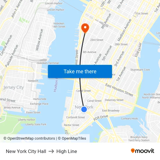 New York City Hall to High Line map