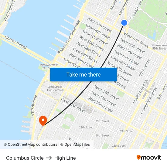 Columbus Circle to High Line map