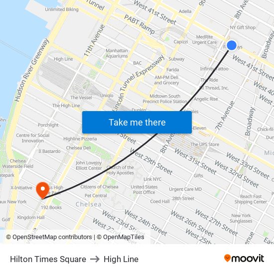 Hilton Times Square to High Line map