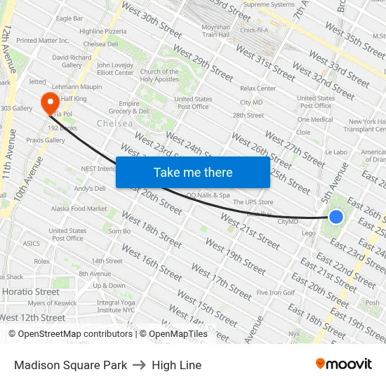 Madison Square Park to High Line map