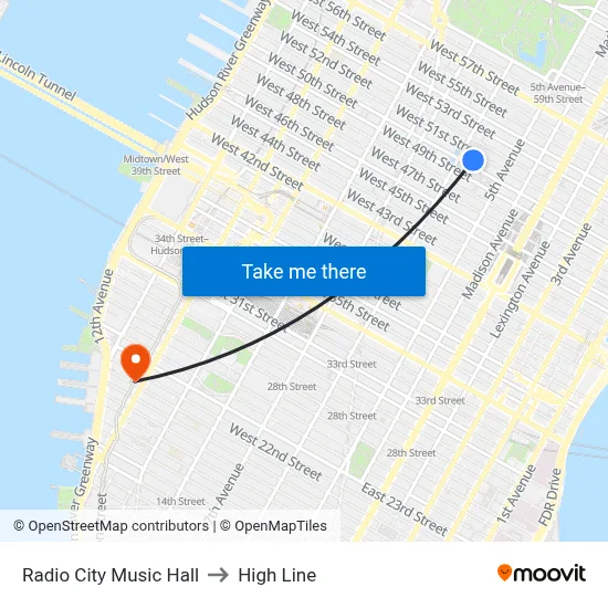 Radio City Music Hall to High Line map