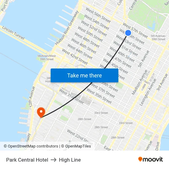 Park Central Hotel to High Line map