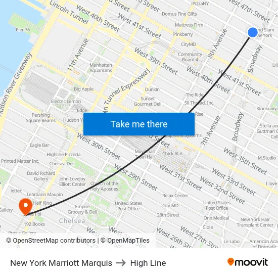 New York Marriott Marquis to High Line map
