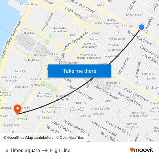 3 Times Square to High Line map