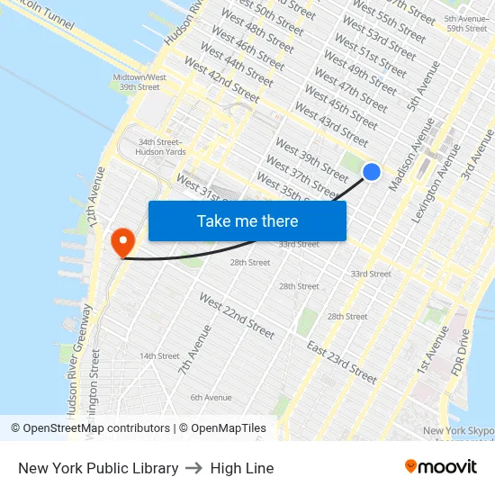 New York Public Library to High Line map