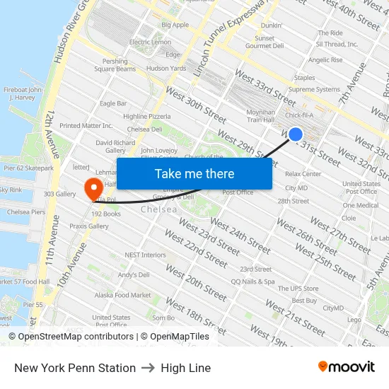 New York Penn Station to High Line map