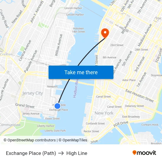 Exchange Place (Path) to High Line map