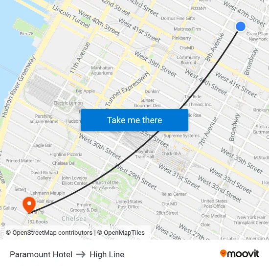 Paramount Hotel to High Line map