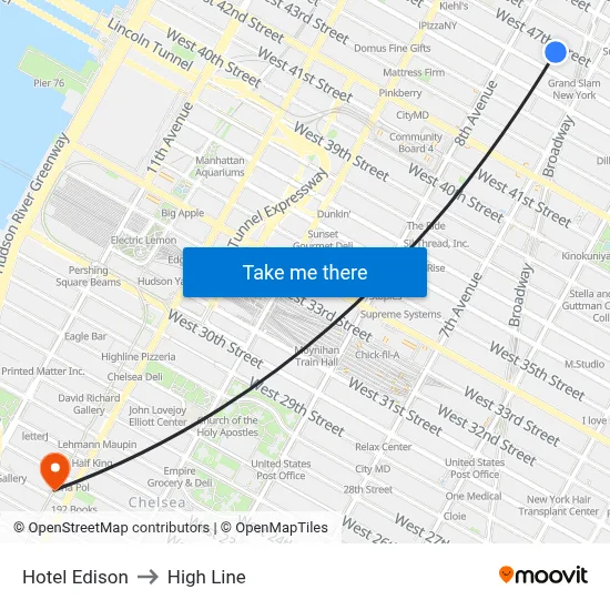 Hotel Edison to High Line map