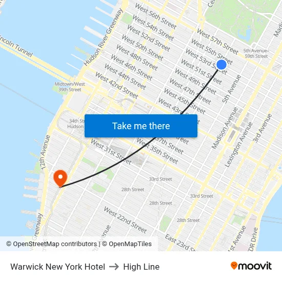 Warwick New York Hotel to High Line map
