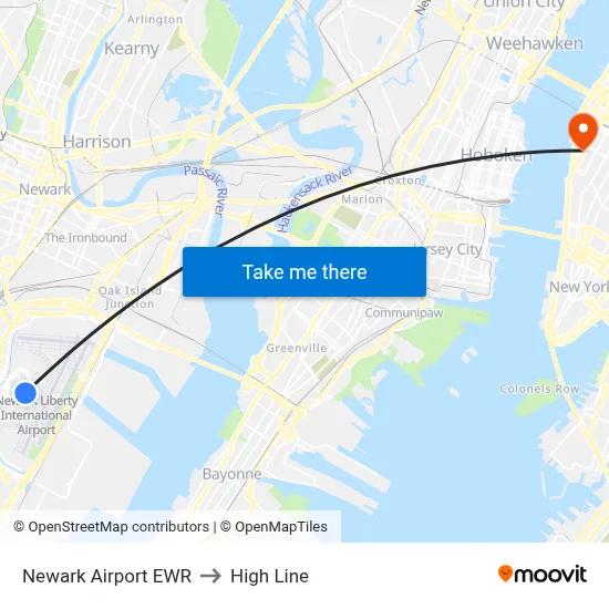 Newark Airport EWR to High Line map