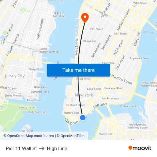 Pier 11 Wall St to High Line map