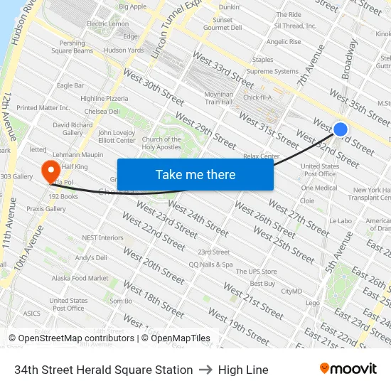 34th Street Herald Square Station to High Line map