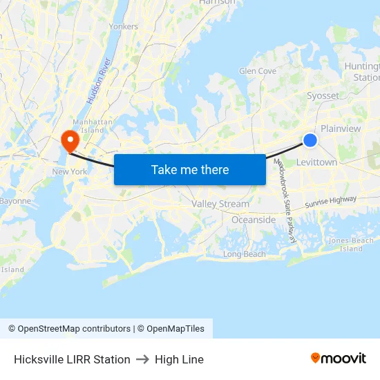 Hicksville LIRR Station to High Line map