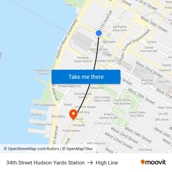 34th Street Hudson Yards Station to High Line map