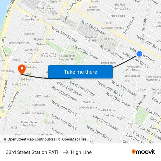 33rd Street Station PATH to High Line map
