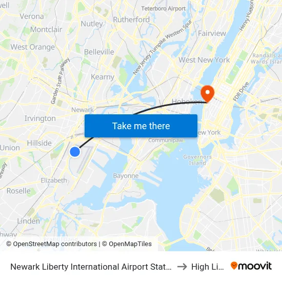 Newark Liberty International Airport Station to High Line map