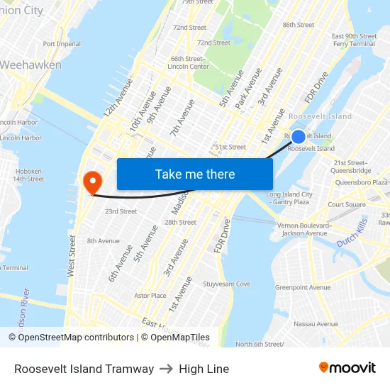 Roosevelt Island Tramway to High Line map
