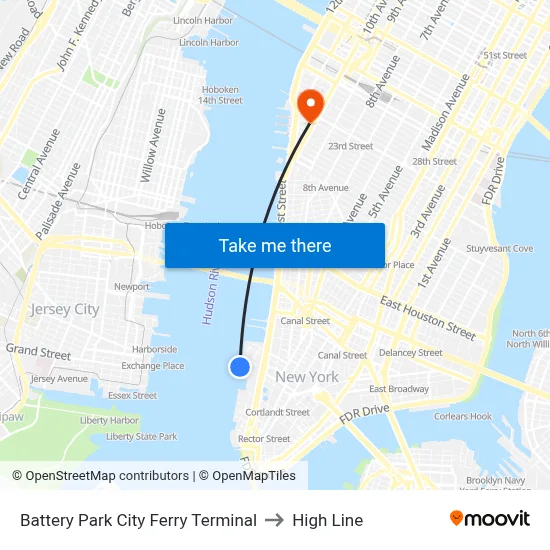 Battery Park City Ferry Terminal to High Line map