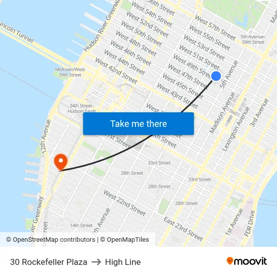 30 Rockefeller Plaza to High Line map