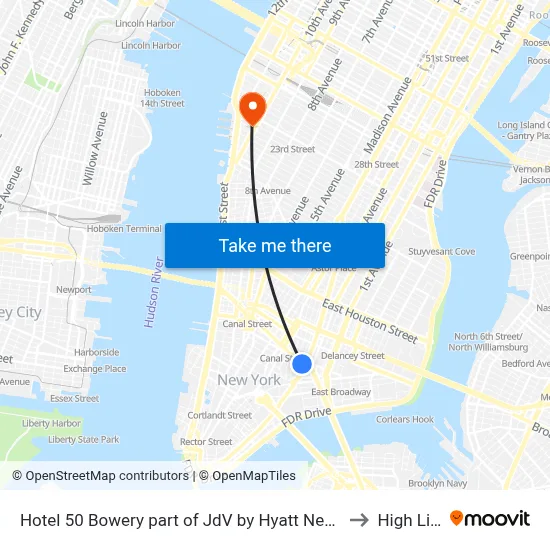 Hotel 50 Bowery part of JdV by Hyatt New York to High Line map