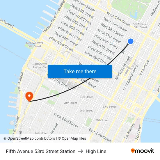 Fifth Avenue 53rd Street Station to High Line map