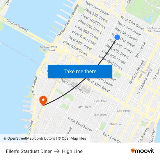 Ellen's Stardust Diner to High Line map