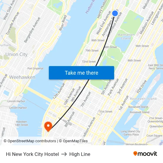 Hi New York City Hostel to High Line map