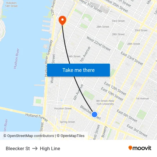 Bleecker St, New York, NY 10012 to High Line map