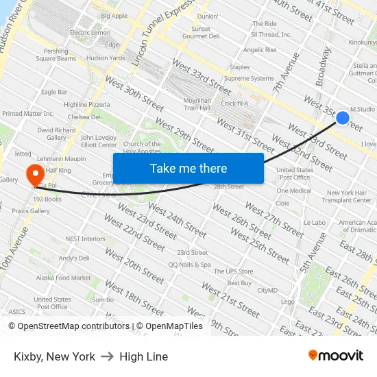 Kixby, New York to High Line map