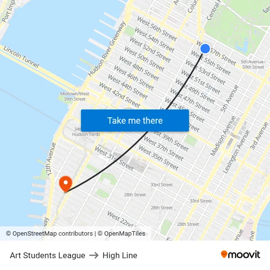 Art Students League to High Line map