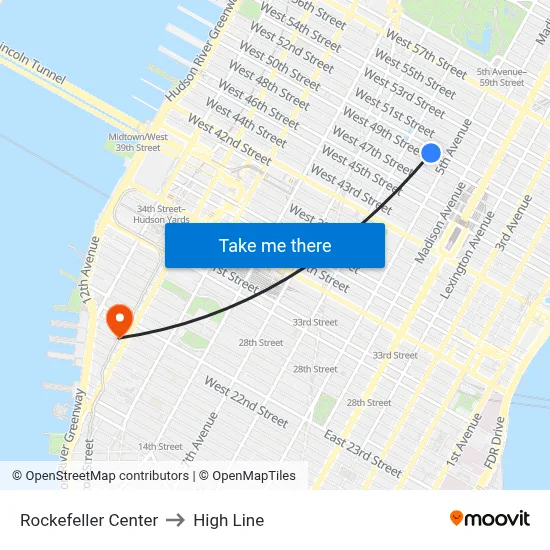 Rockefeller Center to High Line map