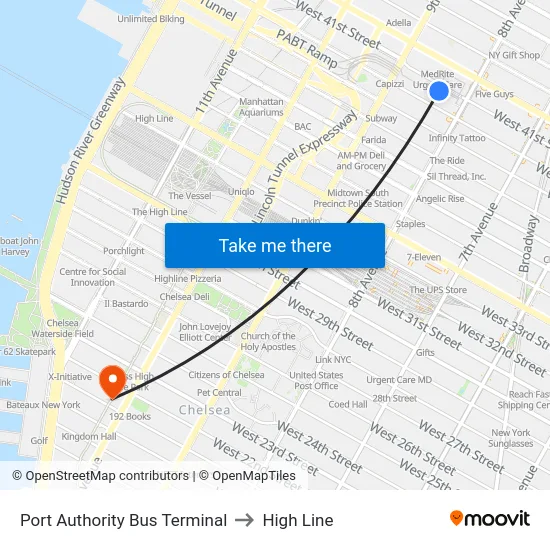 Port Authority Bus Terminal to High Line map