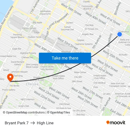 Bryant Park 7 to High Line map