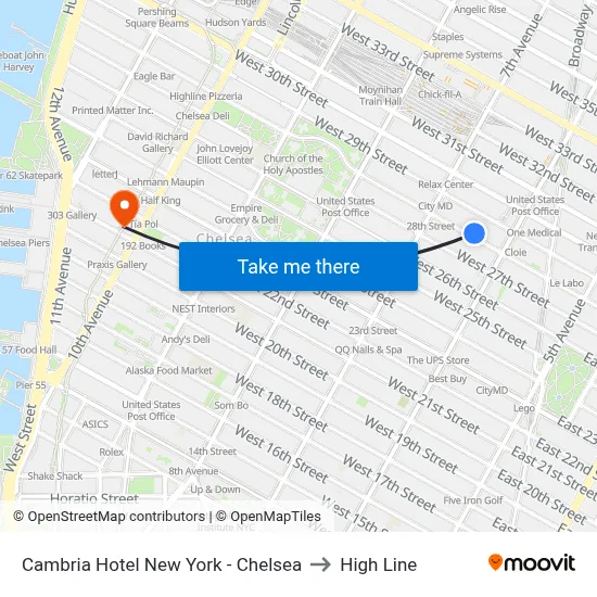 Cambria Hotel New York - Chelsea, 123 W 28th St to High Line map