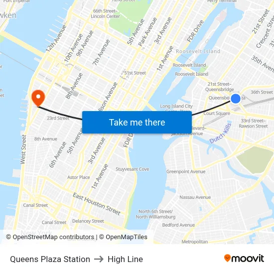 Queens Plaza Station to High Line map