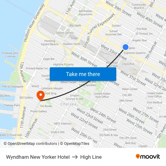 Wyndham New Yorker Hotel to High Line map