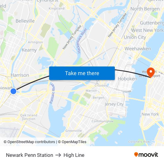 Newark Penn Station to High Line map