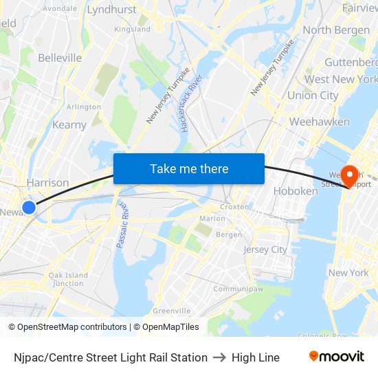Njpac/Centre Street Light Rail Station to High Line map