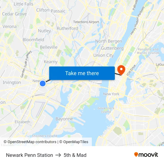 Newark Penn Station to 5th & Mad map