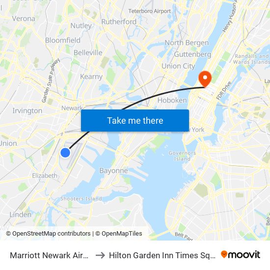 Marriott Newark Airport to Hilton Garden Inn Times Square map
