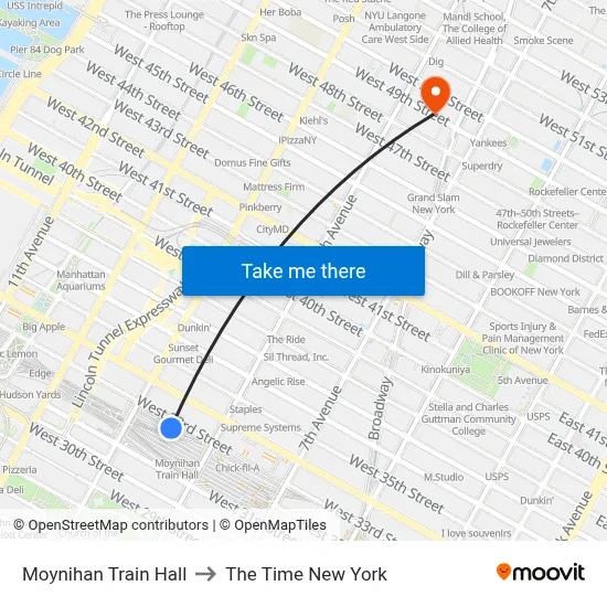 Moynihan Train Hall to The Time New York map